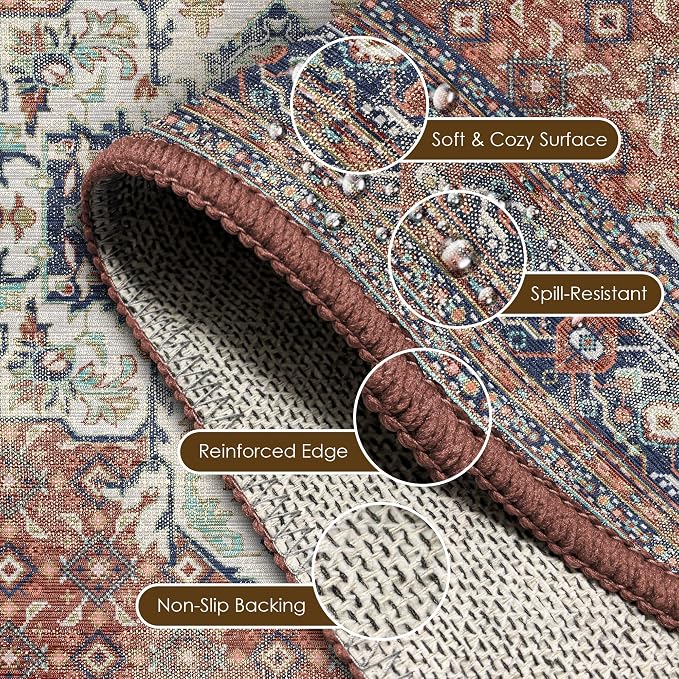 Washable Area Rug 9' x 12' Vintage Traditional Persian Mat - Foldable Distressed Non-Slip Machine Washable Carpet for Living Room Bedroom Kitchen Home Decor - Terracotta and Navy