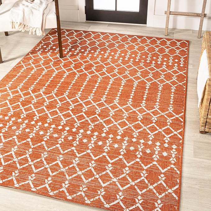 JONATHAN Y Moroccan Geometric Indoor Outdoor Area Rug 8X10 Orange/Cream, Ourika Textured Weave for Backyard, Patio, Porch, Easy-Cleaning, High Traffic, Pet-Friendly, Non-Shedding (SMB108P-8)