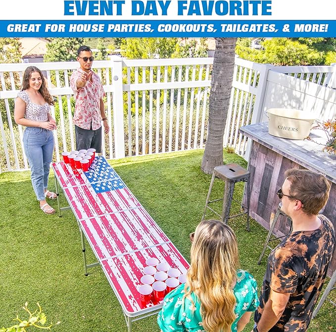 GoPong 8 Foot Portable Beer Pong/Tailgate Tables (Black, Football, American Flag, or Custom Dry Erase)