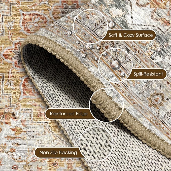Washable Area Rug 4' x 6' Vintage Traditional Persian Mat - Foldable Distressed Non-Slip Machine Washable Carpet for Living Room Bedroom Kitchen Home Decor - Dove Gray and Coral