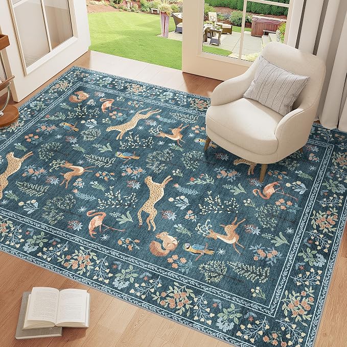DUKINO 3x5 Rug, Washable Animal Area Rug for Bedroom Non Slip, Blue | Low Pile, Stain Resistant, Soft Indoor Carpet for Living Room, Kitchen, Dining Room, Nursery, Lightweight, Pet Friendly