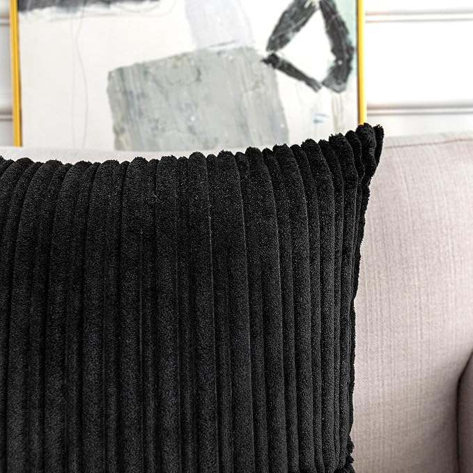 UGASA Striped Textured Velvet Corduroy Pillow Covers Decorative Sham Throw Pillow Cushion Cover for Couch, 2 Pcs, (50x50cm, 20inch), Black