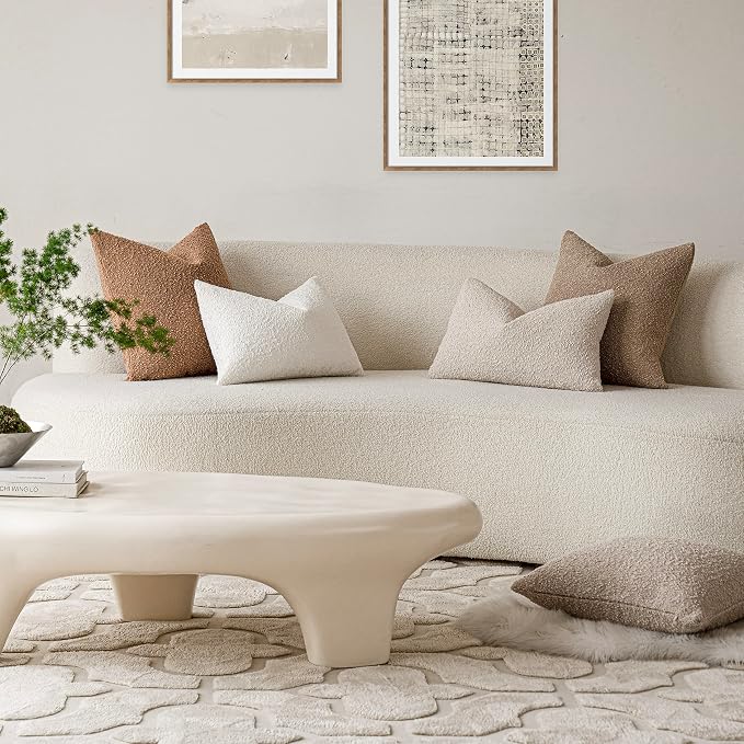 Foindtower Pack of 2 Textured Boucle Throw Pillow Covers Accent Solid Lumbar Pillow Cases Cozy Soft Decorative Couch Cushion Case for Chair Sofa Bedroom Living Room Home Decor, 12 x 20 Inch,Beige
