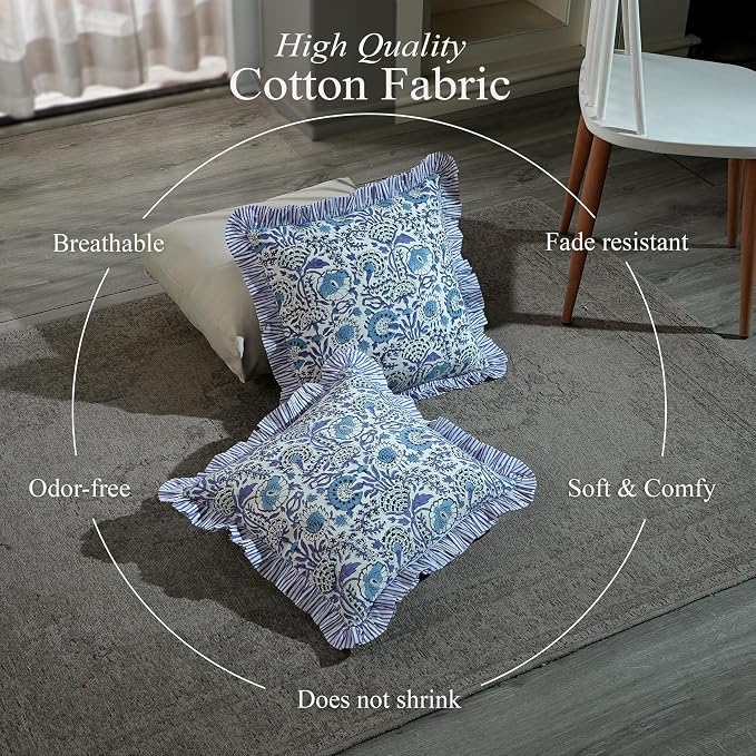 CPC Indigo Blue Ruffle Throw Pillow Covers for Couch, 20x20 Inch Cotton Stripe Ruffle Couch Pillows for Living Room, Hidden 16 Inch Zipper Boho Pillow Case or Cute Outdoor Pillows