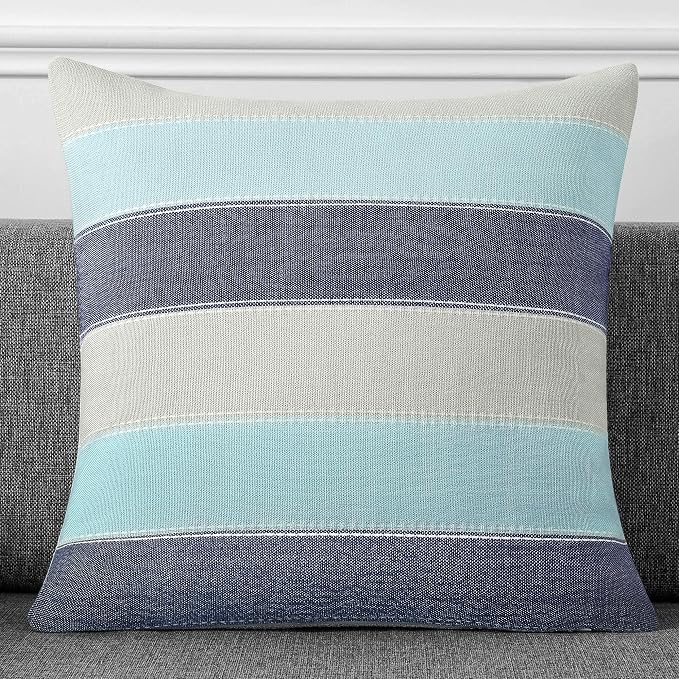 Pack of 2 Farmhouse Stripe Check Throw Pillow Covers Set Case Cotton Linen Decorative Pillowcases Cushion Cover for Couch Bench Sofa 18x18Inch Blue Beige