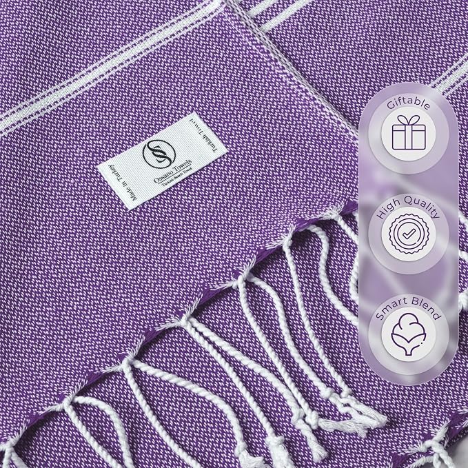 Ossano Turkish Beach Towel Soft & Fast Dry Oversized (39" x 71") - Quick Dry, Versatile and Functional as Yoga Mat, Picnic, Camping Blanket, Travel Blanket, Bath Towel - Lilac