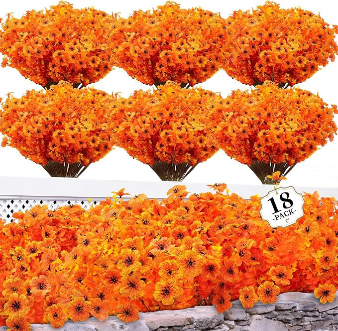 ColoPlay 18 Bundles Artificial Mums for Outdoors, Fake Flowers Fall Decor | Faux Mums for Outdoor Planters, Eucalyptus Leaves UV Resistant Fake Plants for Home Porch Box Wedding Farmhouse(Orange)