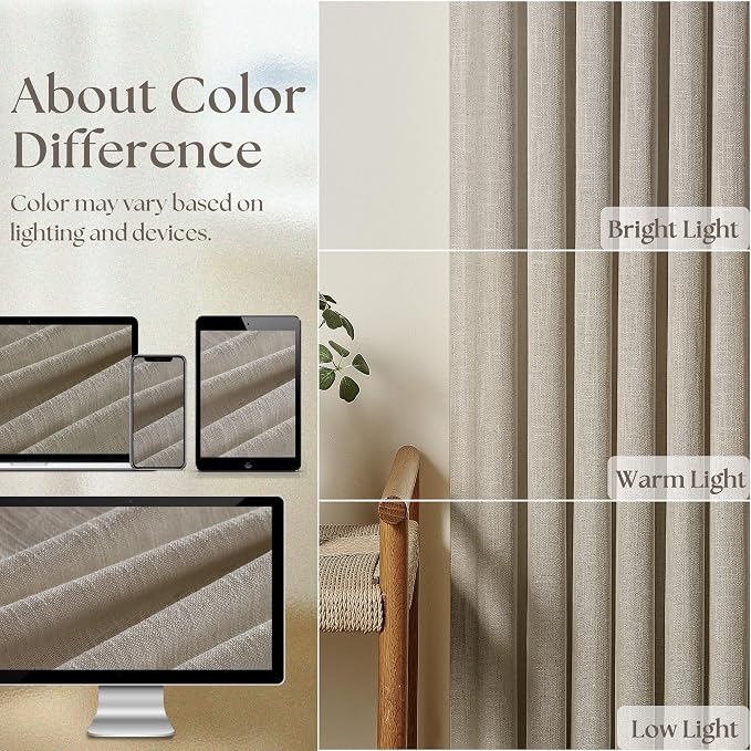 Taupe Burlywood Pinch Pleat Linen Curtains 102 Inches Long 70 Inch Wide for Patio Sliding Door Light Filtering Semi Sheer Pleated Drapes Back Tab Extra Wide 70 x 102 Curtain for Living Dining Room