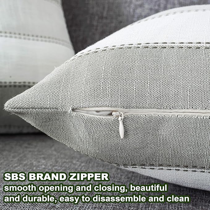 Pack of 2 Farmhouse Stripe Check Throw Pillow Covers Set Case Cotton Linen Decorative Pillowcases Cushion Cover for Couch Bench Sofa 20x20Inch Dark Grey Beige