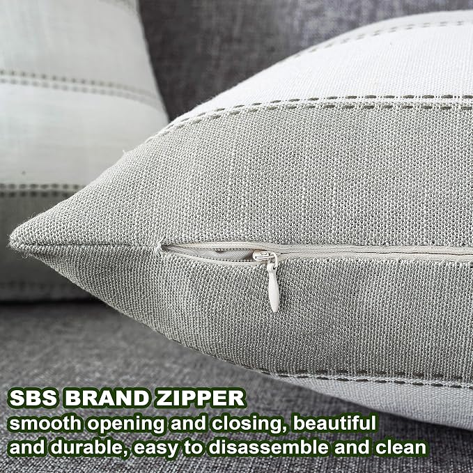 Pack of 2 Farmhouse Stripe Check Throw Pillow Covers Set Case Cotton Linen Decorative Pillowcases Cushion Cover for Couch Bench Sofa 16x16Inch Blue Beige