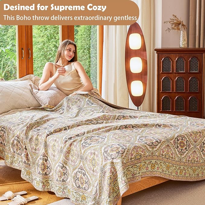 VANJOROY Boho Throw Blanket, 100% Organic Cotton Breathable Ultra Soft 91" x 108" King Bed Quilt Throw - All Season Floral Rustic Farmhouse Decor Luxury Blanket for Sofa Couch Chair and Gift
