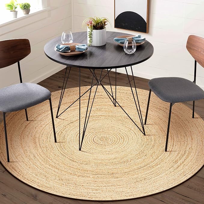 Hausattire Hand Woven Jute Braided Rug, 5’ Round – Natural, Reversible Boho Entry Area Rugs for Kitchen, Living Room I Farmhouse Decorative Floor Rug, 5 Feet Round