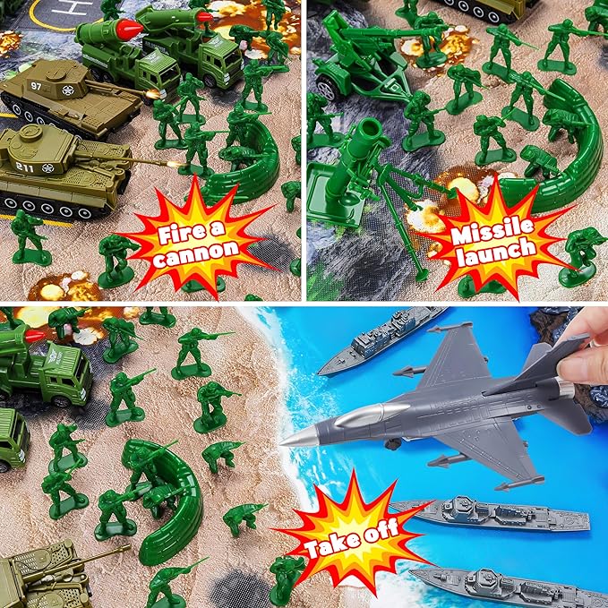 Army Men Playset – 117 Pcs Military Toy Soldiers Set with Action Figures, Battle Mat, Tanks, Helicopter, Submarine & Weapon Gear – Army Toys for Boys Ages 4-12, Great Gift for Kids