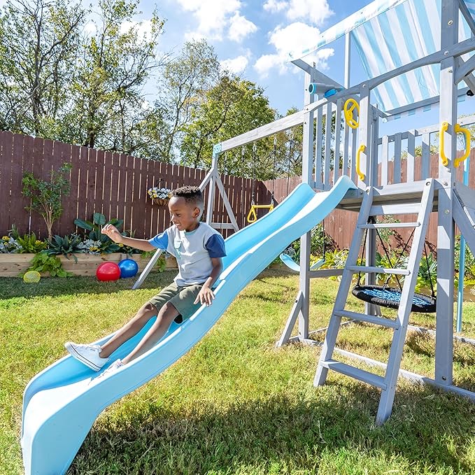 Teamson Kids Laguna Outdoor Wooden Swing Set with Slide, Rock Climbing Wall, Fireman Pole & Trapeze Bar, Gray & Aqua, Backyard Playset for Toddlers and Kids Ages 3–10