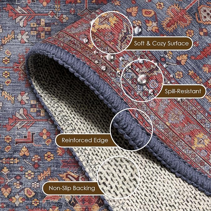 Washable Area Rug 3' x 5 ' Vintage Traditional Persian Mat - Foldable Distressed Non-Slip Machine Washable Carpet for Living Room Bedroom Kitchen Home Decor - Indigo and Crimson
