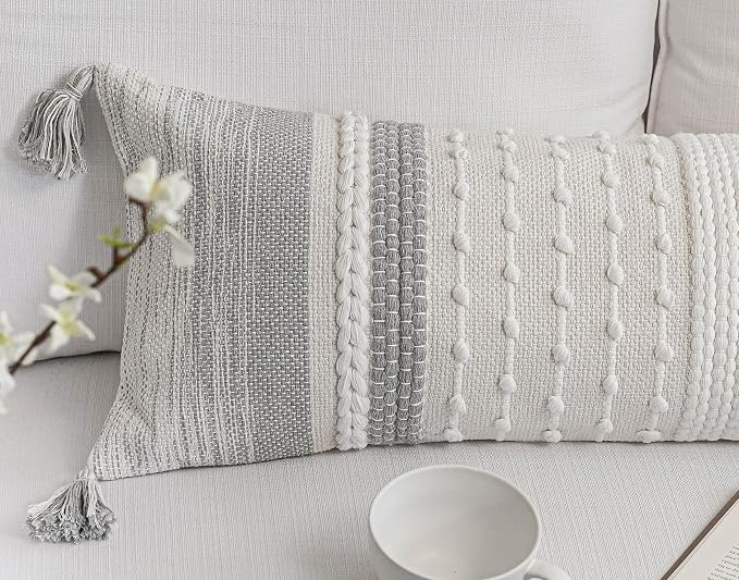Gray Decorative Lumbar Pillow Cover 14x36, Grey Boho Long Body Pillow for Bed, Farmhouse Lumbar Throw Pillow for Couch, Modern Accent Textured Throw Pillowcase
