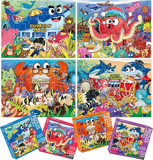 Dotimo 4-Pack Ocean Animal Puzzles for Kids Ages 3-5, Progressive Learning Puzzles with Storage Box – 24/30/35/48 Piece Educational Games for Toddlers, Family Activities & Gifts
