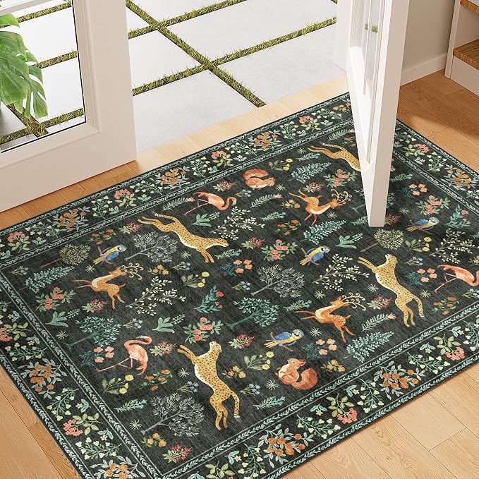DUKINO 2x3 Rug, Animal Door Mat Washable Rug for Entryway Non Slip, Black | Low Pile, Soft Indoor Small Rug for Entrance, Bedroom, Bathroom, Laundry, Pet Friendly, Lightweight, Non-Shedding