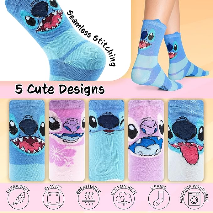 Disney Stitch Socks Gifts for Women Teens, US Size 4-9, Baby Yoda Pack of 5 Fuzzy Casual Crew Socks for Home Sleep Winter