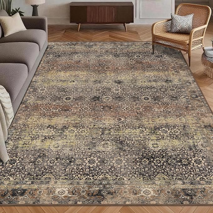 Washable Area Rug 8' x 10' Vintage Traditional Persian Mat - Foldable Distressed Non-Slip Machine Washable Carpet for Living Room Bedroom Kitchen Home Decor - Umber and Slate