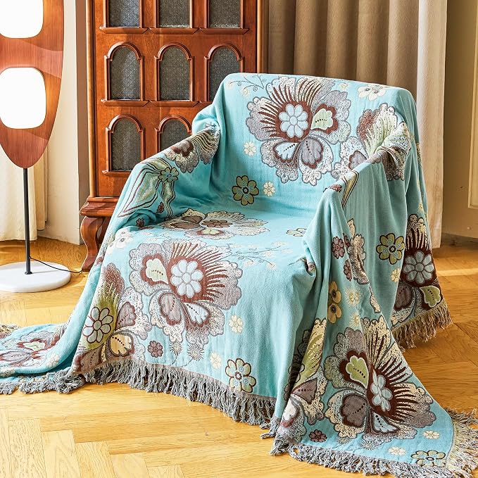 VANJOROY Boho Throw Blanket 80" x 90", 100% Organic Cotton Breathable Skin-Friendly Ultra Soft Bed Quilt Blue Throw - Floral Rustic Decor Luxury Reversible Blanket for Sofa Couch Chair and Gift,