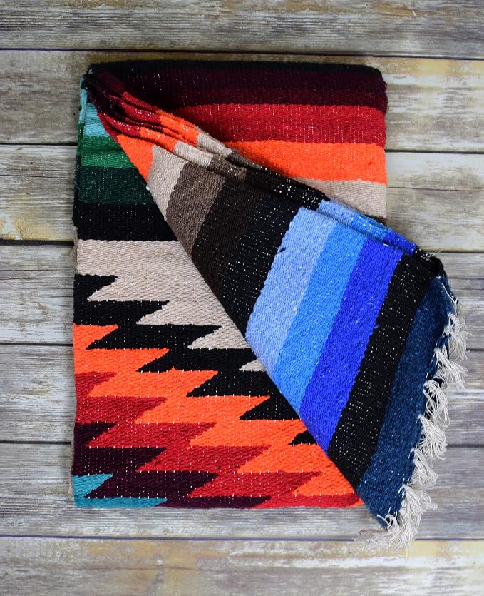 Open Road Goods Aztec Navajo Style Blanket, Throw, or Yoga Bolster - Handwoven Mexican Diamond Blanket (Multi Tan)