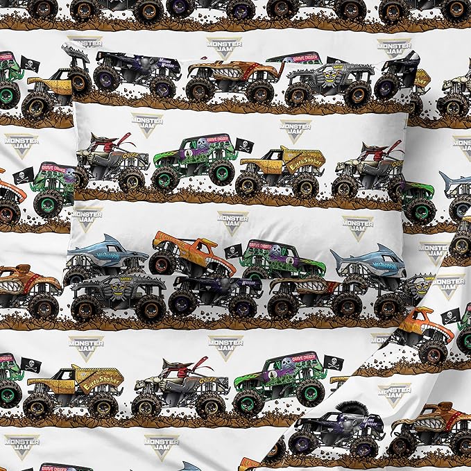 Jay Franco Kids Sheet Set with Fitted, Flat Sheets & Pillow Cover - Ultra-Soft Bedding with Pillowcase for Room Decor, Multi - Monster Jam, 4 Piece Full
