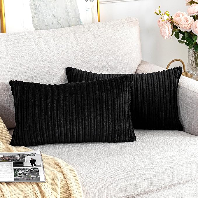 UGASA Corduroy Striped Soft Soild Decorative Throw Pillow Covers Set Cushion Cases Pillowcases for Sofa Bedroom, 2 Pcs, 12x20inch, Black