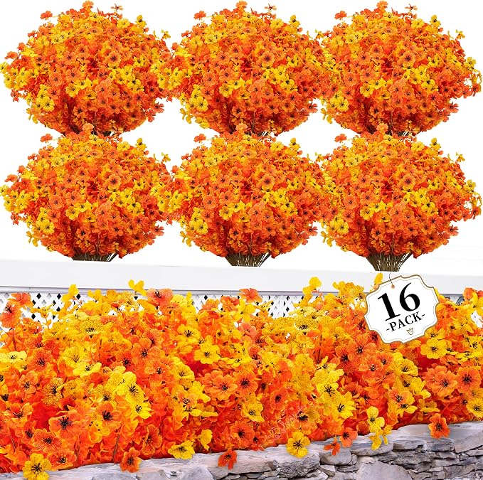 ColoPlay 16 Bundles Artificial Mums for Outdoors, Fake Flowers Fall Decor | Faux Mums for Outdoor Planters, Eucalyptus Leaves UV Resistant Fake Plants for Home Porch Box Wedding Farmhouse(Fall Red)