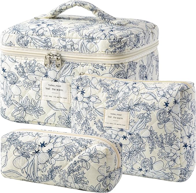 HBselect Quilted Makeup Bag, 3PCS Cotton Large Travel Makeup Bag, Cute Floral Coquette Make up Bag Cosmetic Bag Toiletry Bag for Women Girls