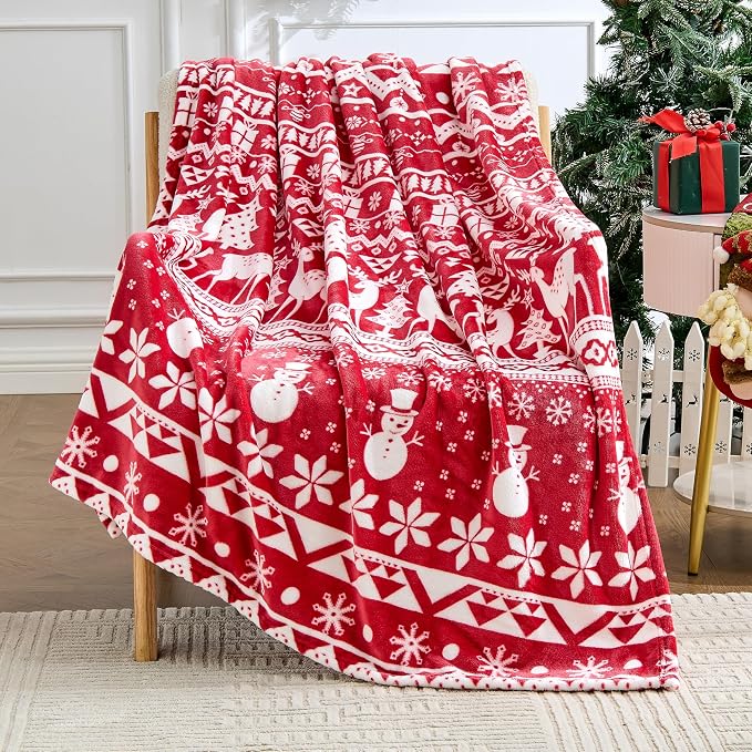 Edenleaf Christmas Blanket Soft Cozy Fleece Throws with Snowman Snowflake Reindeer and Xmas Trees Print, Fuzzy Warm Christmas Throw Blanket for Couch Bed Holiday Decorations Gifts 50"x60" (Red)
