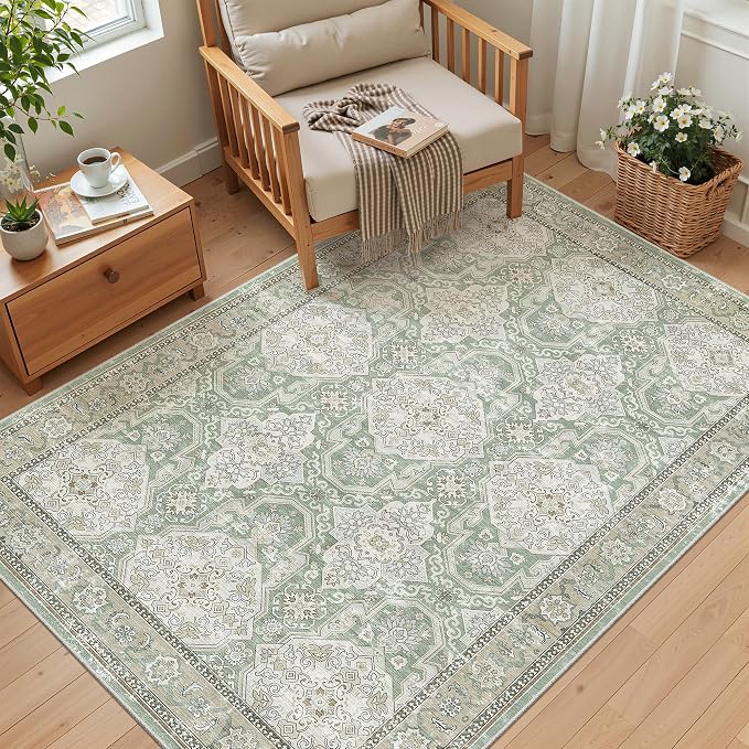 Soalmost 3x5 Rugs, Small Washable Kitchen Entryway Area Rug Green/Brown | Vintage Low Pile Carpet for Nursery Coffee Table Bathroom, Foldable Stain Resistant Indoor Door Mat Entrance Powder Room