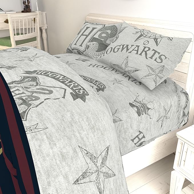 Jay Franco Kids Sheet Set with Fitted, Flat Sheets & Pillow Cover - Ultra-Soft Bedding with Pillowcase for Room Decor, Gray - Harry Potter, 4 Piece Full