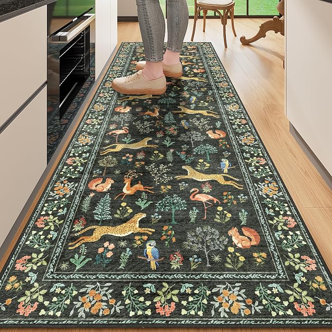 DUKINO 2x10 Kitchen Runner Rug, Soft Non Slip Animal Washable Rug, Black | Low Pile, Non-Shedding Indoor Carpet Runner for Hallway, Entryway, Bedroom, Bathroom, Laundry, Pet Friendly, Stain Resistant