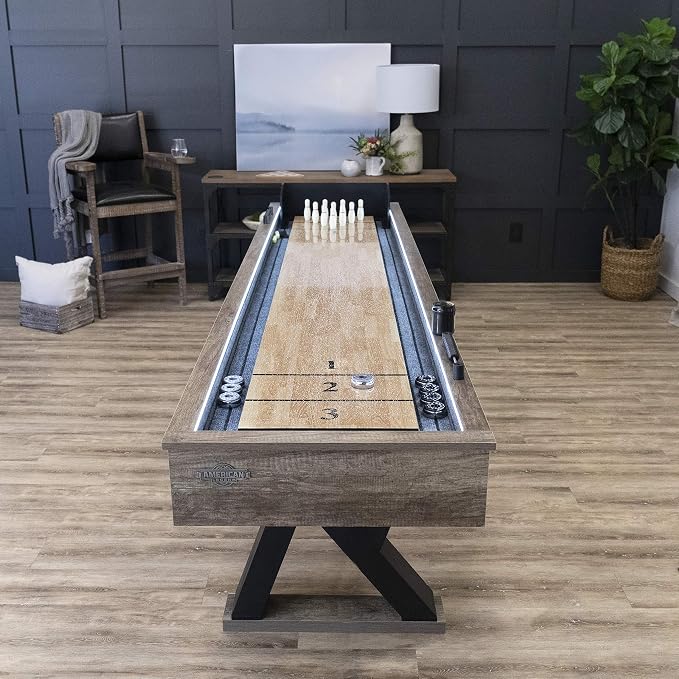 American Legend Kirkwood 9’ Shuffleboard Table with LED Rails, Bowling Game Set, Rustic Wood Finish & Accessories Included