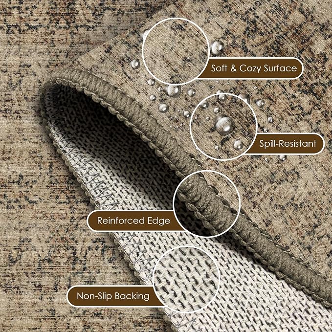 Washable Area Rug 4' x 6' Vintage Traditional Persian Mat - Foldable Distressed Non-Slip Machine Washable Carpet for Living Room Bedroom Kitchen Home Decor - Mocha and Taupe