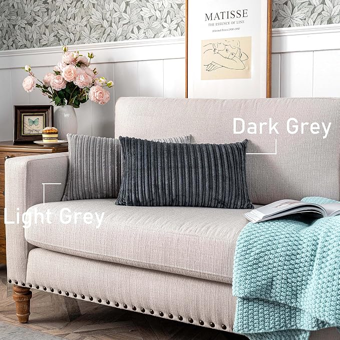 UGASA Velvet Pillow Covers Striped Decorative Throw Pillow Cover Cushion Case with Hidden Zipper for Home Couch/Bedroom/Car, Soft Cozy Solid Oblong, 1 Piece (12"x20", Dark Grey)