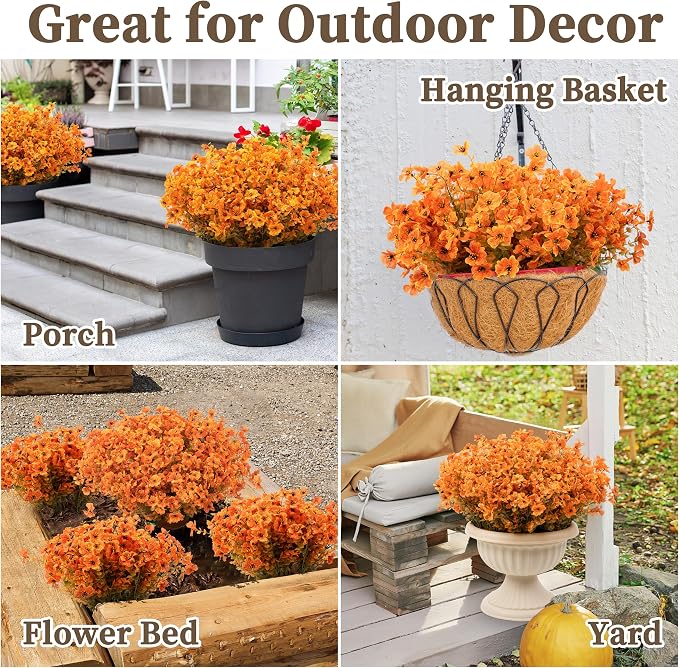 ColoPlay 18 Bundles Artificial Mums for Outdoors, Fake Flowers Fall Decor | Faux Mums for Outdoor Planters, Eucalyptus Leaves UV Resistant Fake Plants for Home Porch Box Wedding Farmhouse(Fall Orange)