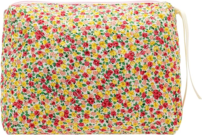 PAZIMIIK Quilted Makeup Bag Large Travel Zipper Soft Cosmetic Pouch for Women Girls Make Up,Little Flower