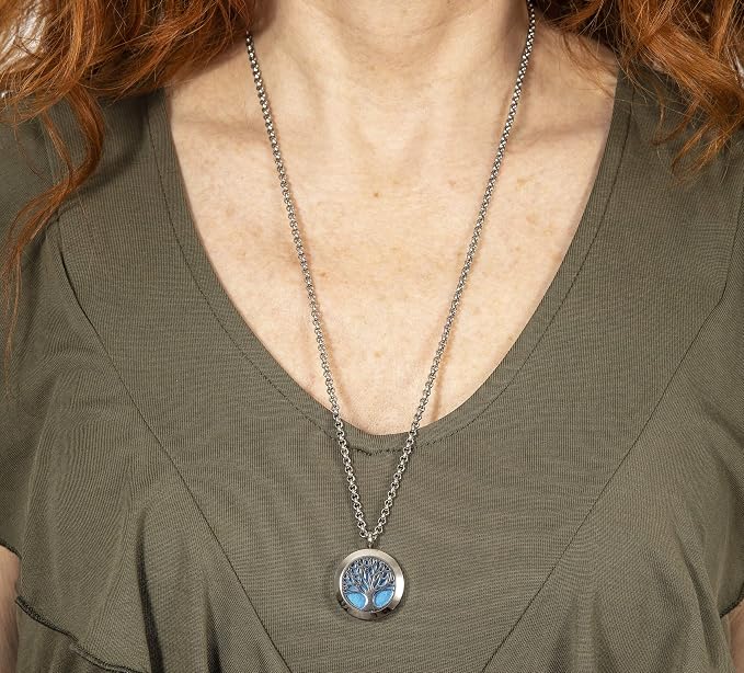 Wild Essentials 3 Necklace Set, Tree Of Life, Flower of Life, Sun Essential Oil Diffuser Necklace Stainless Steel Locket Pendants, 24 Inch Chains, 36 Refill Pads, Color Changing, Perfume Locket, Aroma