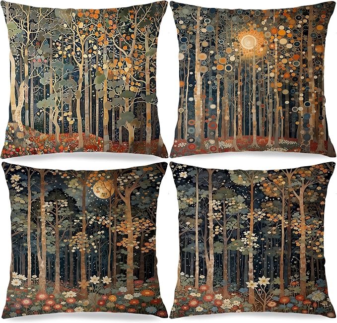 454 Rustic William Morris Style Fall Forest Pillow Covers 22x22 | Fall Autumn Home Room Decor, Vintage Botanical Nature Decorative Throw Pillow Covers for Home Bedroom Living Room Set of 4
