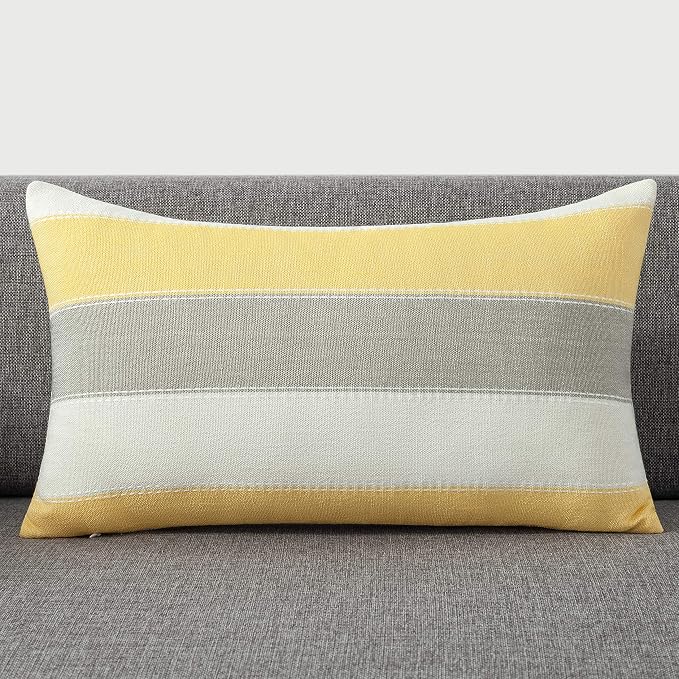 Pack of 2 Farmhouse Stripe Check Throw Pillow Covers Set Case Cotton Linen Decorative Pillowcases Cushion Cover for Couch Bench Sofa 12x20Inch Yellow Beige