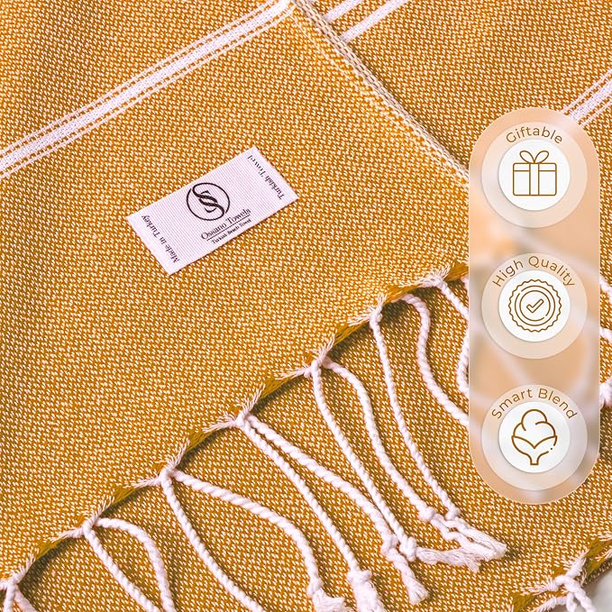 Ossano Turkish Beach Towel Striped & Smart Blend Oversized (39" x 71") - Quick Dry, Versatile and Functional as Picnic and Beach Blanket, Yoga, Pool, Travel and Gym Towels - Orange