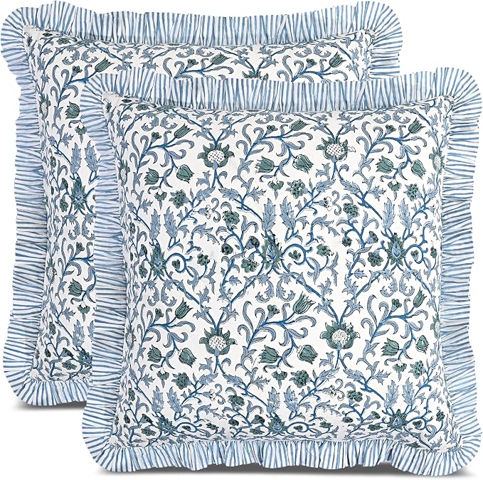 CPC Ocean Vine Hand Block Print 100% Cotton Ruffle Throw Pillow Cover 18x18 inch with Hidden Zipper Decorative for Couch, Bed, Sofa, Farmhouse, Cottagecore Decor Gift Christmas Fall Thanksgiving