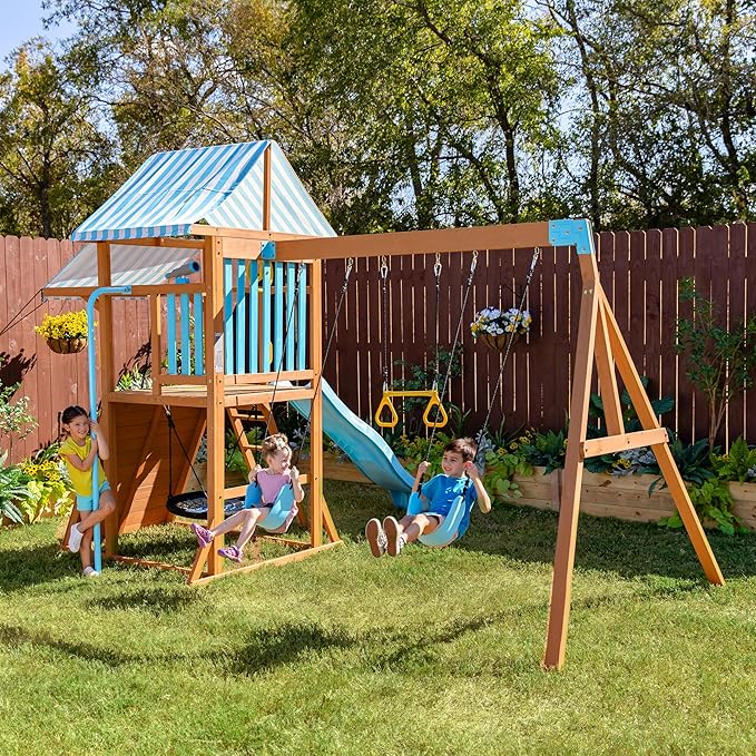 Teamson Kids Laguna Wooden Swing Set with Slide & Climbing Wall, Solid Wood, Natural and Aqua