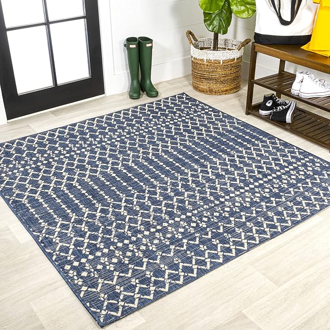 JONATHAN Y Moroccan Geometric Indoor Outdoor Square Area Rug 6X6 Navy/Beige, Ourika Textured Weave for Backyard, Patio, Porch, Easy-Cleaning, High Traffic, Pet-Friendly, Non-Shedding (SMB108K-6SQ)