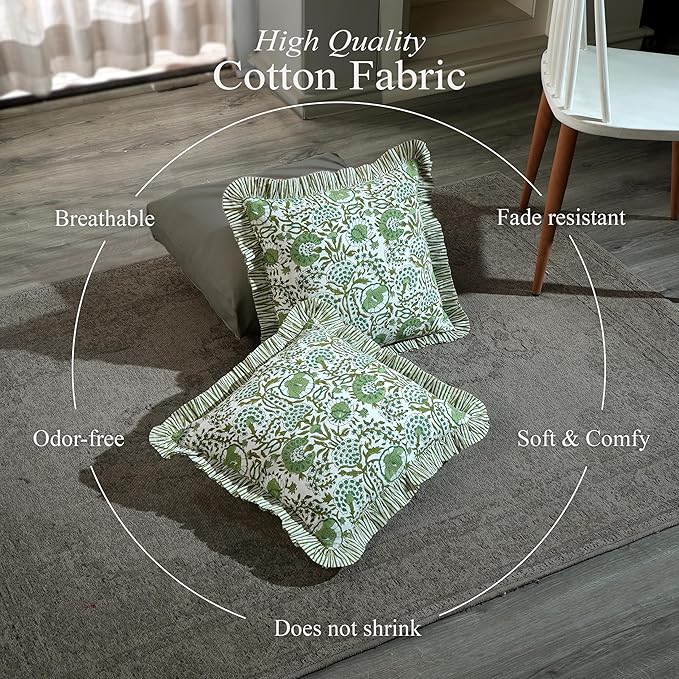 CPC Block Print Ruffle Throw Cover Agate Green 20"x20" Inch Pack of 2-100% Cotton Ruffle Couch Decorative Boho Pillows Case for Living Room, Bedroom, Sofa, Farmhouse Gift for Spring, Mother's Day