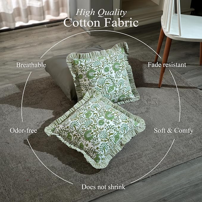 CPC Block Print Ruffle Throw Cover Agate Green 18"x18" Inch Pack of 2-100% Cotton Ruffle Couch Decorative Boho Pillows Case for Living Room, Bedroom, Sofa, Farmhouse Gift for Spring, Mother's Day