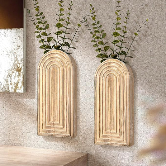 EOSAHR Wall Vase: Wall Planter for Bathroom Decor Aesthetic, Natural Wood | 2Pcs Bathroom Set, Pine Wood, Wall Plant Holder for Home Decor, Boho Wall Art for Living Room, Farmhouse Decor