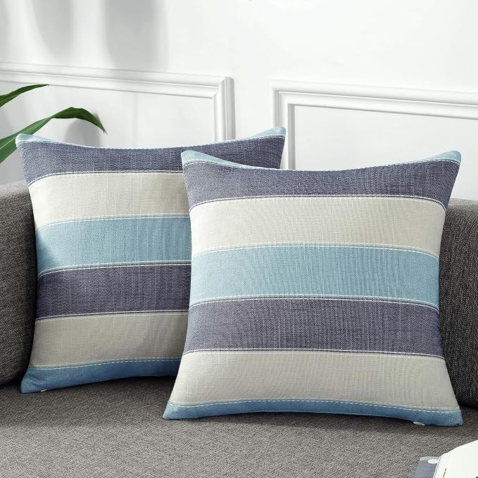 Pack of 2 Farmhouse Stripe Check Throw Pillow Covers Set Case Cotton Linen Decorative Pillowcases Cushion Cover for Couch Bench Sofa 18x18Inch Blue Beige